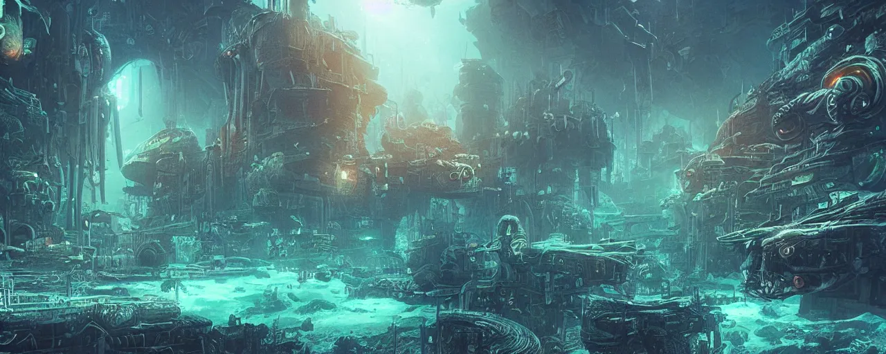 Prompt: ” underwater otherwordly city, [ deepsea, cinematic, detailed, epic, widescreen, opening, establishing, mattepainting, photorealistic, realistic textures, octane render, art by slop and paul lehr ] ”