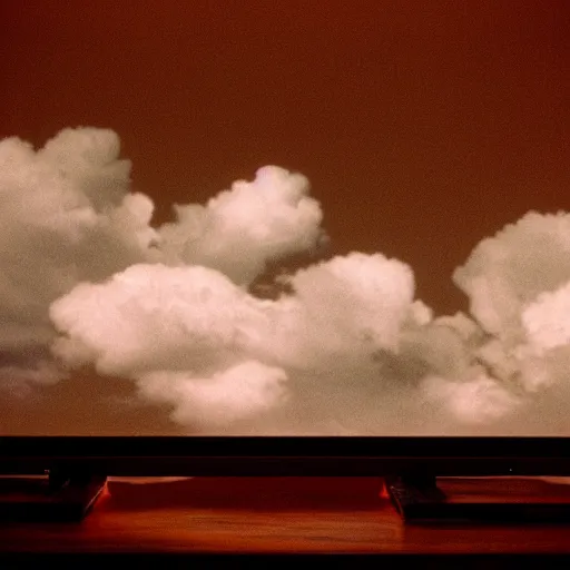 Image similar to a professional studio photograph (((((of a 90s television and VHS combo playing a video))))) of clouds, key light, 50mm, shallow depth of field, no artefacts