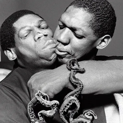 Image similar to john coltrane hugging and kissing an octopus