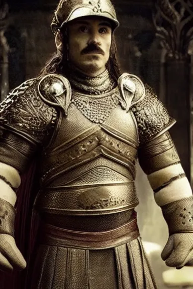 Image similar to “ very very intricate photorealistic photo of a realistic human version of super mario in an episode of game of thrones, photo is in focus with detailed atmospheric lighting, award - winning details ”