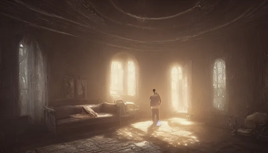 Prompt: highly detailed portrait of a lonely man crying in a beautiful house, unreal engine, fantasy art by greg rutkowski