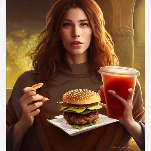 Prompt: portrait ofTawny Robinson eating hamburgers, extra onions and ketchup, luscious patty with sesame seeds, feminine ethereal, handsome, D&D, fantasy, intricate, elegant, highly detailed, digital painting, artstation, concept art, matte, sharp focus, illustration, art by Artgerm and Greg Rutkowski and Alphonse Mucha