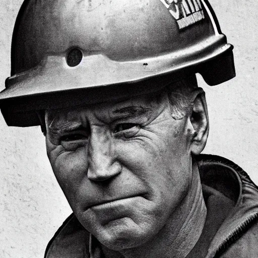 Image similar to Joe Biden as a coal miner, high detail, portrait, close up, dirty, hard hat, smear, smudge, grit