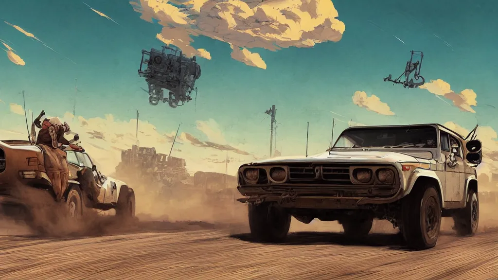 Image similar to digital illustration of mad max's fj 4 0 pursuit special, the last v 8 interceptor driving down a deserted cyberpunk highway in the middle of the day by studio ghibli, anime style year 2 0 9 3, by makoto shinkai, ilya kuvshinov, lois van baarle, rossdraws, basquiat