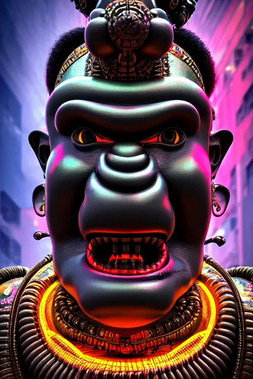 Image similar to high quality 3 d render post - rococo cyberpunk hanuman! head building, neon madhubani, open mouth, highly detailed, in sci - fi mumbai, cinematic smooth unreal engine, lee madgwick & liam wong, dramatic light, low angle, uhd 8 k, sharp focus