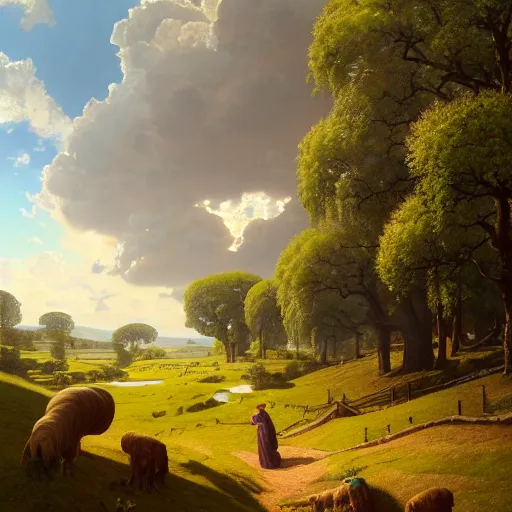 Image similar to highly detailed painting of an idyllic ancient roman pastoral landscape, dramatic, sense of scale, stephen bliss, unreal engine, greg rutkowski, ilya kuvshinov, ross draws, hyung tae and frank frazetta, tom bagshaw, tom whalen, nicoletta ceccoli, mark ryden, earl norem, global illumination, god rays, beautiful