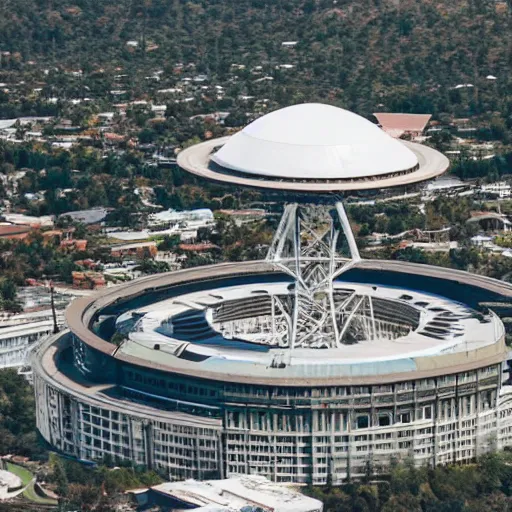 Prompt: a government building with a satellite dish on the roof