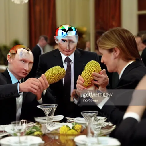 Prompt: Putin dines on tiny pineapples, at his feet huddle jaguar ladies, the room is raucous and joyful, high definition.