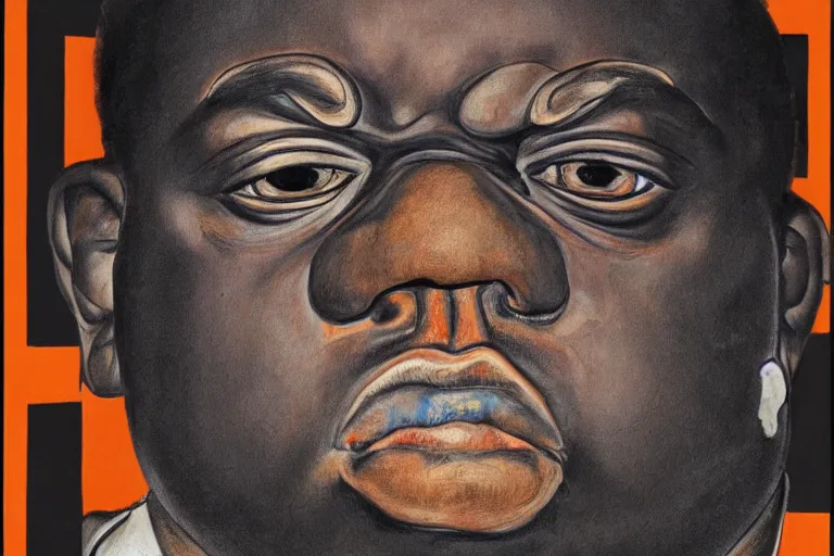 Prompt: a mug shot style portrait of biggie smalls in style of egon schiele, masterpiece, hyperdetailed, complex, intricate, 4 k, trending on artstation