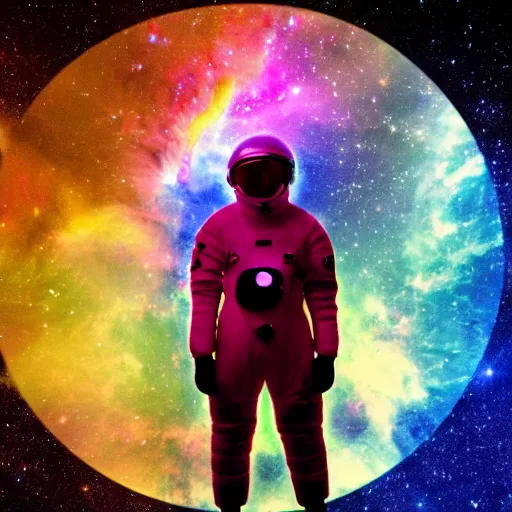 Prompt: modern double exposure monochrome spacesuit over a brilliant iridescent nebula. orange, pink, purple color ombre.