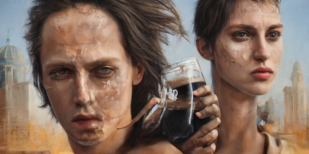 Image similar to beautiful oil matte portrait painting, 8 0 s punk sitting on top of the berlin wall drinking beer, wonderful masterpiece highly detailed, beautiful cinematic light deep focus, elegant, digital painting, smooth, sharp focus, golden ratio, dramatic illumination, ultra realistic, 8 k, art by jimmy law