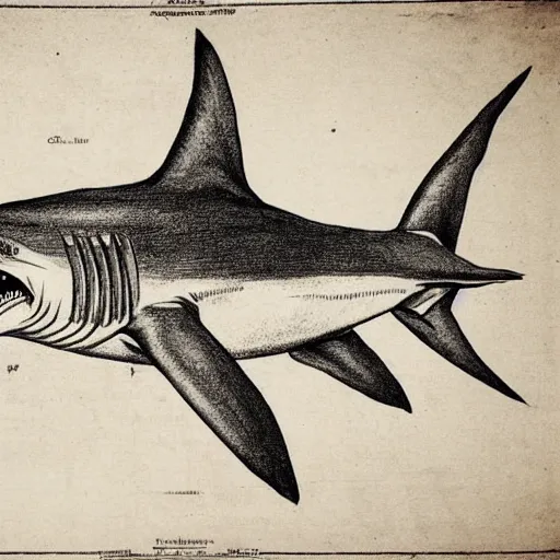 Image similar to anatomical drawing of shark, davinci style, medical drawing, blueprint, schematic, old school