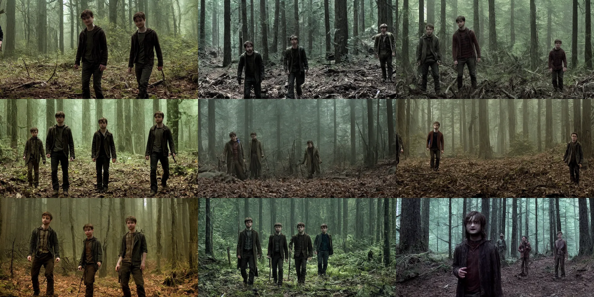 Prompt: daniel radcliffe and elijah wood followed by a monster in the dark in a forest in a horror movie set in the 1 8 0 0's, high quality screengrab 4 k cinematic