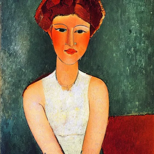 Prompt: representation of a young woman with a happy face in the year 1917 by Amedeo Clemente Modigliani, Italian painter and sculptor