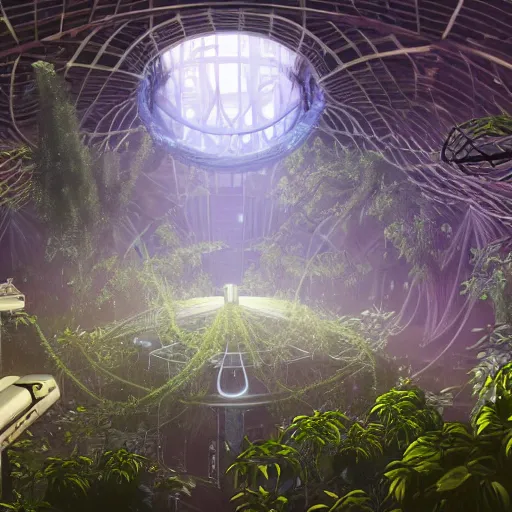 Image similar to GLaDOS in the center of a huge hall overgrown with vines and plants of the complex, old computers, a suspension of dust in the air, rays of light through the ceiling, realism, art,