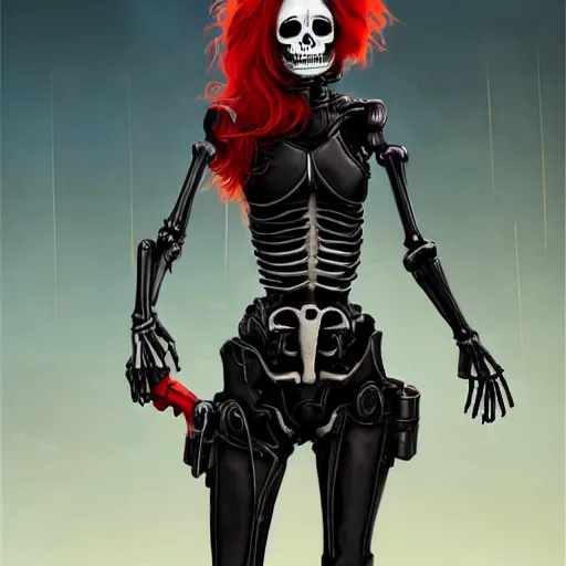 Prompt: cute & beautiful smug smiling undead skeleton girl with very attractive face and red hair dressed as a cyberpunk cop, elegant, digital art, fullbody painting, fantasy, pixar style, painting, pin up, highly detailed, artstation, art by artgerm, vrubel, greg rutkowski, ilya kuvshinov, raymond swanland