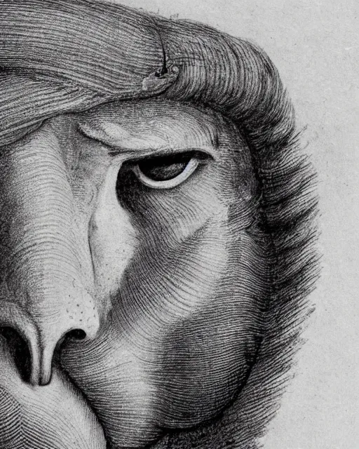 Image similar to a creature, eyes of a man, beak of an eagle, no nose, the mane of a lion, two horns, drawn by da vinci
