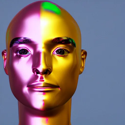 Image similar to 3d render of holographic human robotic head made of glossy iridescent, surrealistic 3d illustration of a human face non-binary, non binary model, 3d model human, cryengine, made of holographic texture, holographic material, holographic rainbow, concept of cyborg and artificial intelligence