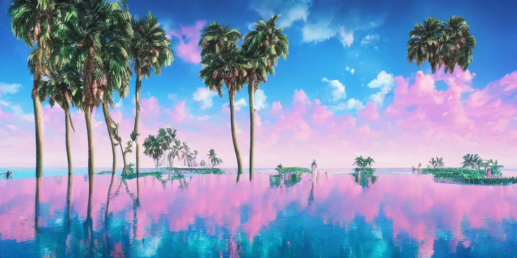 Image similar to artgem and Beeple masterpiece, hyperrealistic surrealism, award winning masterpiece with incredible details, epic stunning, infinity pool, a surreal vaporwave liminal space, highly detailed, trending on ArtStation, calming, meditative, pink arches, palm trees, very vaporwave, very very surreal, sharp details, dreamscape, giant head statue ruins