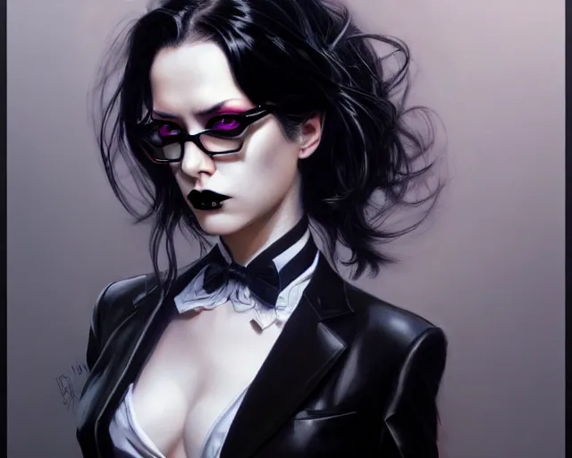 Image similar to a ultradetailed beautiful portrait panting of a stylish goth woman, wearing a shirt with a tie, dramatic, she has black hair, she is distressed, by hajime sorayama, greg rutkowski and enki bilal, trending on artstation