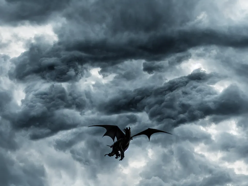 Image similar to epic cinematic close up shot of dragon flying through stormy clouds