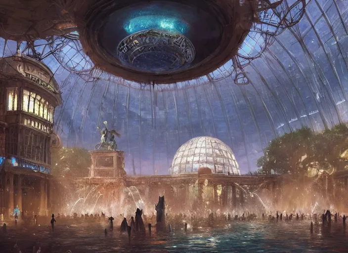 Prompt: A bustling beautiful city on the sea floor inside a glass dome with superbowl sunday decorations during superbowl sunday, anime, fountain, statue, underwater, rapture, fish flying over head, godrays, a fantasy digital painting by Greg Rutkowski and James Gurney, trending on Artstation, highly detailed