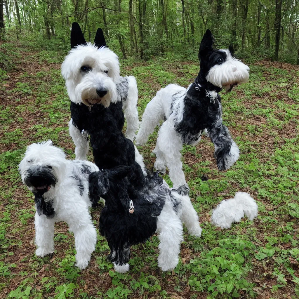 Image similar to of a white teddy walks in the woods with a black schnauzer,