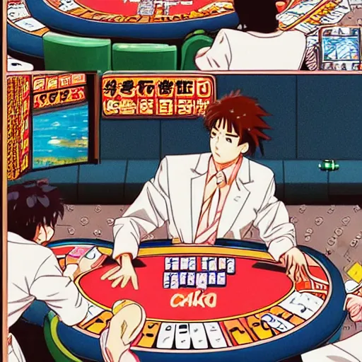 Image similar to man losing all his money at the poker table, sprite, vaporwave nostalgia, directed by beat takeshi, visual novel cg, 8 0 s anime vibe, kimagure orange road, maison ikkoku, sketch by osamu tezuka, directed by makoto shinkai and beat takeshi