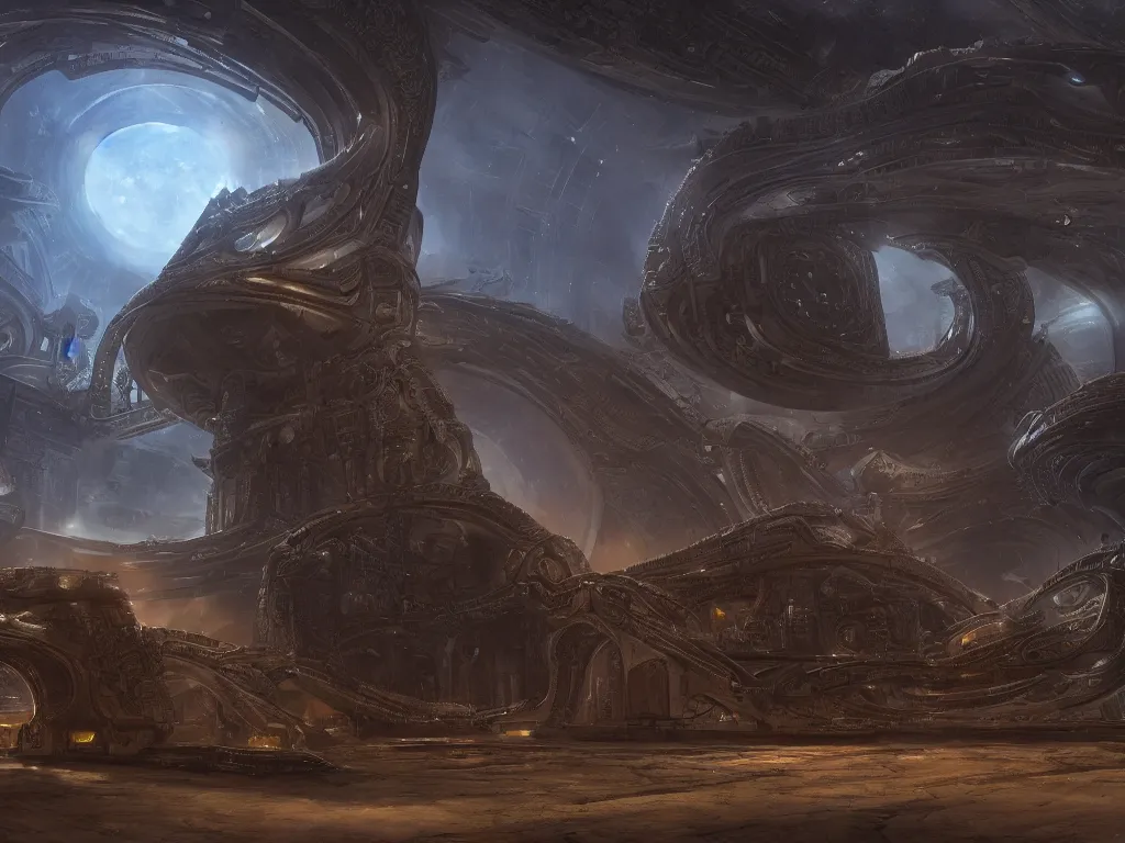 Image similar to goa'uld mausoleum spaceship, highly detailed, intricate, by Raphael Lacoste, Eddie Mendoza, Alex Ross, background of outer space nebulas by Pilar Gogar, concept art, matte painting, 8K HDR