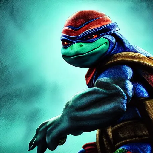 Image similar to ninja turtle raphael dim studio lighting, at night, ( ( photograph ) ), moody, realistic, detailed, low light, skin tinted a warm tone, light blue filter highly detailed, painting, red and black color palette, intricate, high quality anime artstyle, scenic view