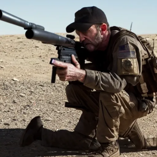 Image similar to Film still of Mike Ehrmantraut in American Sniper aiming with a sniper rifle, 4k, highly detailed