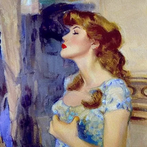 Image similar to Taylor Swift kissing her reflection, 1950s, modest, elegant clothing, tiara, mild impressionism, award winning, by Ilya Repin