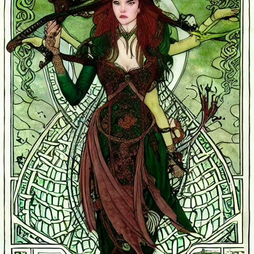 Image similar to a beautiful tarot card of poison ivy as a medieval chinese princess, dark eyeliner, intricate, elegant, highly detailed, digital painting, artstation, concept art, matte, sharp focus, illustration, art by rebecca guay and by arthur rackham and by alphonse mucha and by john william waterhouse