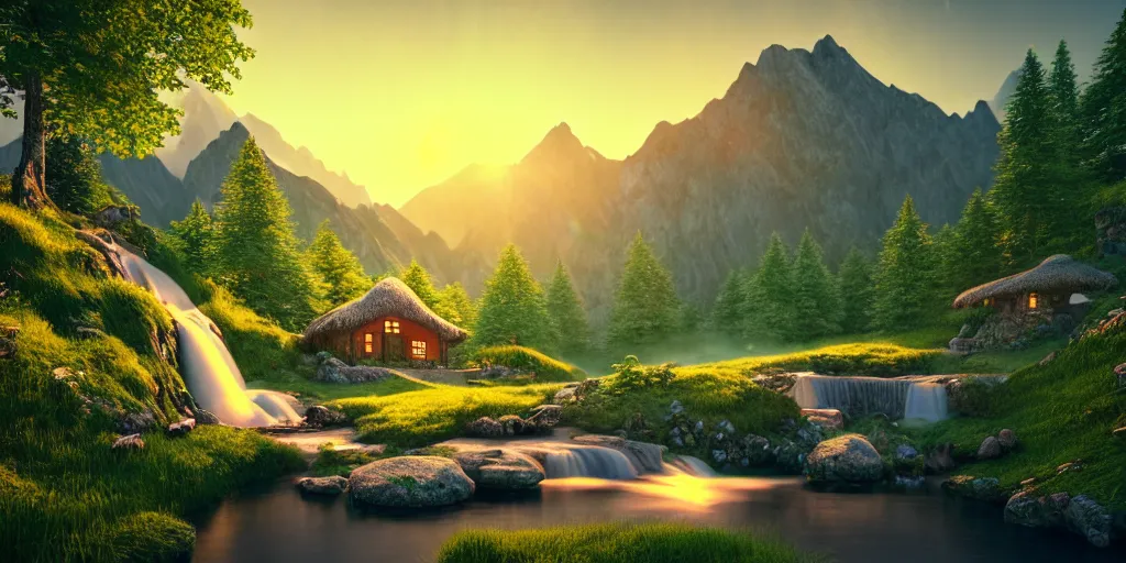 Image similar to a beautiful fantasy landscape, mountain in background, a waterfall in the mountains, little cottage, small pond, some trees in the corner, sunrise, hyper realism, octane render, art by philipp urlich