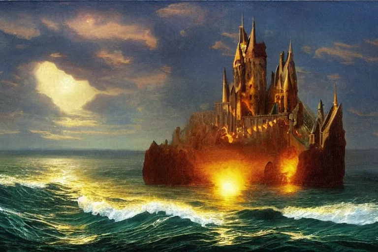 Image similar to miskatonic university big bang seascape in the style of dr. seuss,'harry potter directed by christopher columbus ', painting by albert bierstadt