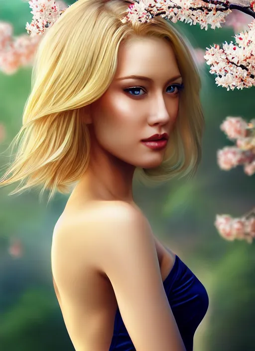 Image similar to photo of a gorgeous blonde female in the style of stefan kostic, realistic, half body shot, sharp focus, 8 k high definition, insanely detailed, intricate, elegant, art by stanley lau and artgerm, extreme blur cherry blossoms background