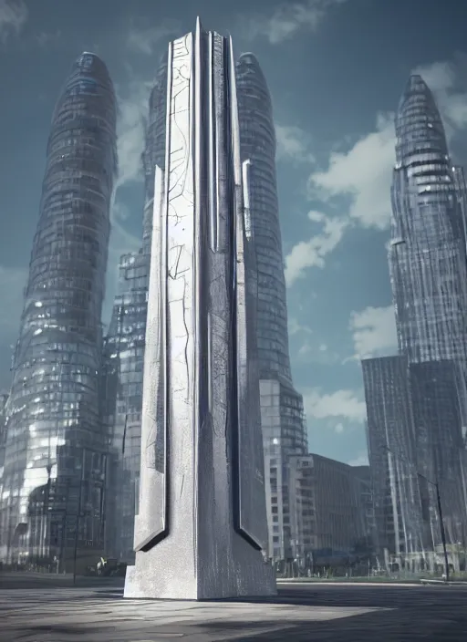 Image similar to highly detailed architecture render of a futuristic metallic stele standing in city, archdaily, made in unreal engine 4