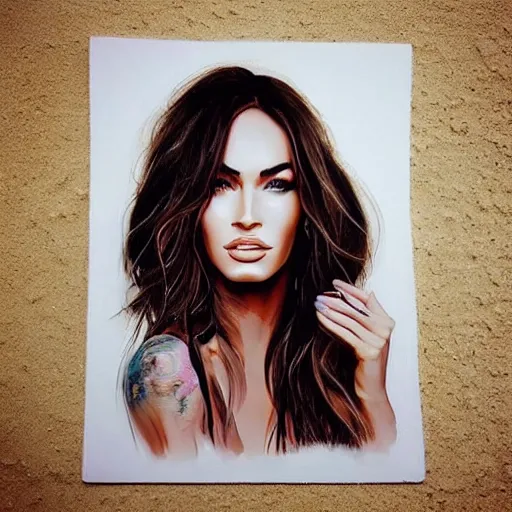 Image similar to “Megan Fox sand paintings, ultra detailed portrait, 4k resolution”