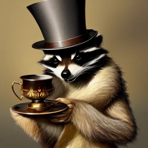 Image similar to a raccoon with a top hat holding a tea cup, intricate, highly detailed, digital painting, artstation, concept art, smooth, sharp focus, illustration, unreal engine 5, 8 k, art by artgerm and greg rutkowski and alphonse mucha