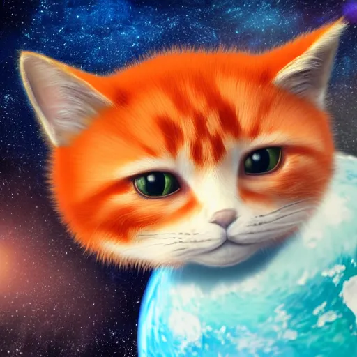 Prompt: A fuzzy orange cat sitting on planet earth, space with stars in the background, trending on artstation, 3D animation, extra detailed