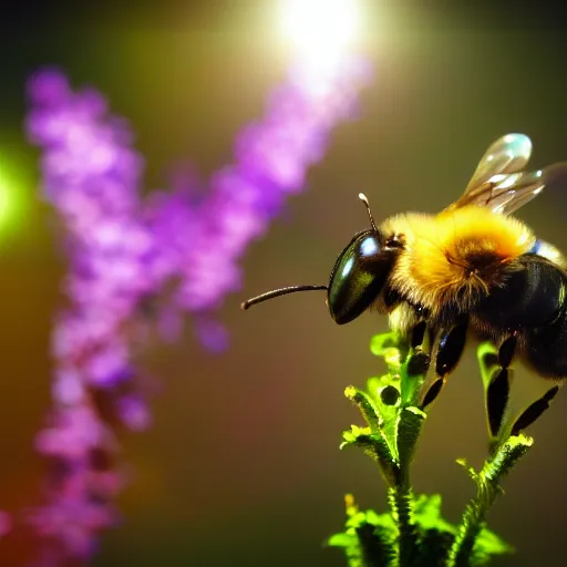 Prompt: A high quality medium shot of a steampunk Bee pollinating a bitcoin flower, lens flare, blur blackground.