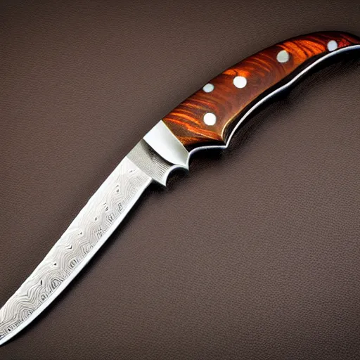 Image similar to mosaic damascus bowie knife detailed blackwood handle wide angle photograph