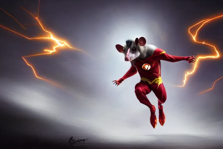 Image similar to a stunning digital painting of a opossum as the flash in spandex costume, running in the speedforce by greg rutkowski, volumetric light, digital art, fine detail, photorealistic