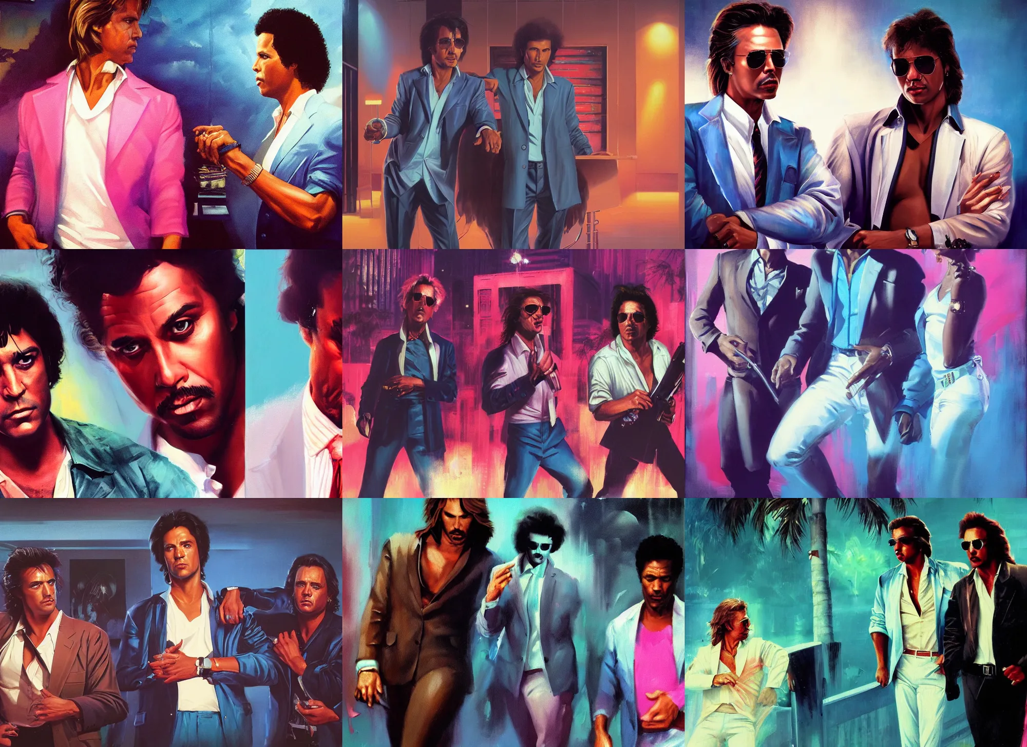 Image similar to a portrait painting of eighties miami vice, night club, don johnson and philip michael thomas, ultra realistic, highly detailed faces, true life, 8 k, masterpiece, cinematic, by frank frazetta, greg rutkowski, yoko taro, christian macnevin, beeple, wlop, krenz cushart, epic character art, volumetric lighting