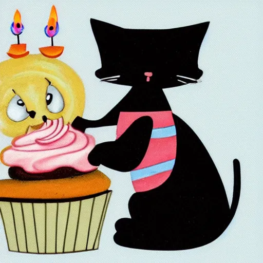 Prompt: a cute cat blowing out a candle on a cupcake