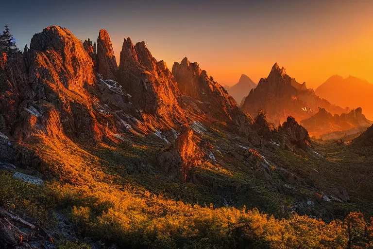 Image similar to A beautiful landscape photography of Ciucas mountains mountains, a dead intricate tree in the foreground, sunset, dramatic lighting by Marc Adamus,