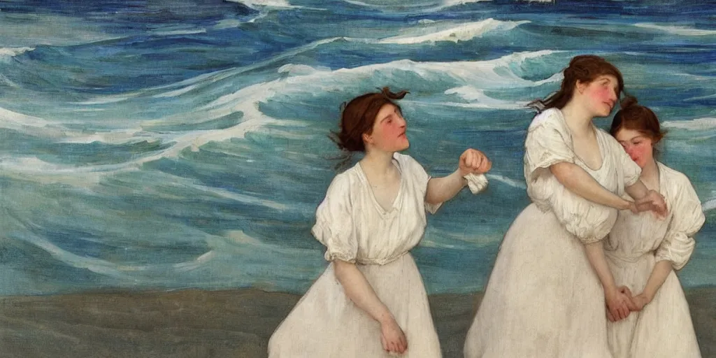 Image similar to two young edwardian women wearing white dresses hold hands on a beach in Sweden, in the style of Anders Zorn, waves in the style of the great wave off kanagawa