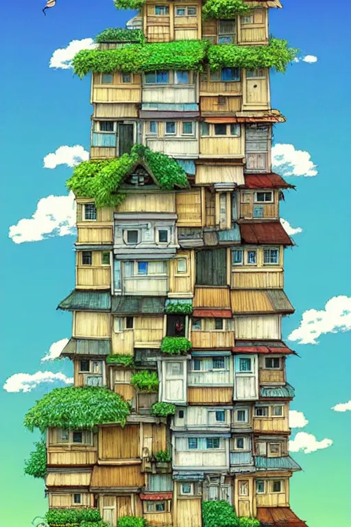 Image similar to stacked houses, solarpunk, studio ghibli