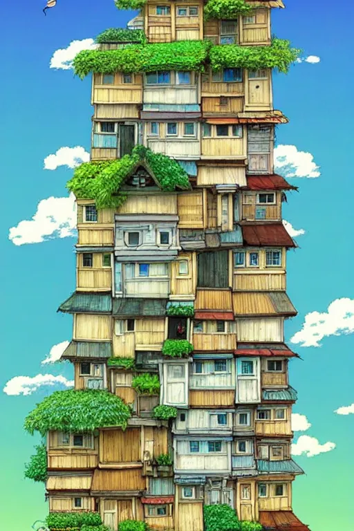 Prompt: stacked houses, solarpunk, studio ghibli