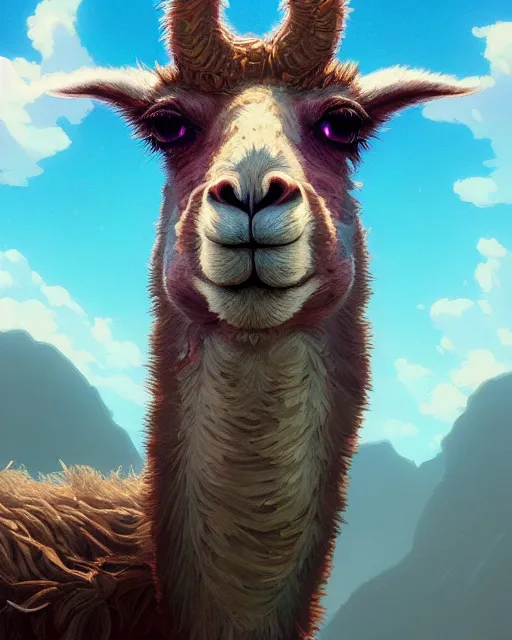 Image similar to highly detailed vfx portrait of a ferocious llama, stephen bliss, unreal engine, greg rutkowski, loish, rhads, beeple, makoto shinkai and lois van baarle, ilya kuvshinov, rossdraws, tom bagshaw, alphonse mucha, global illumination, detailed and intricate environment